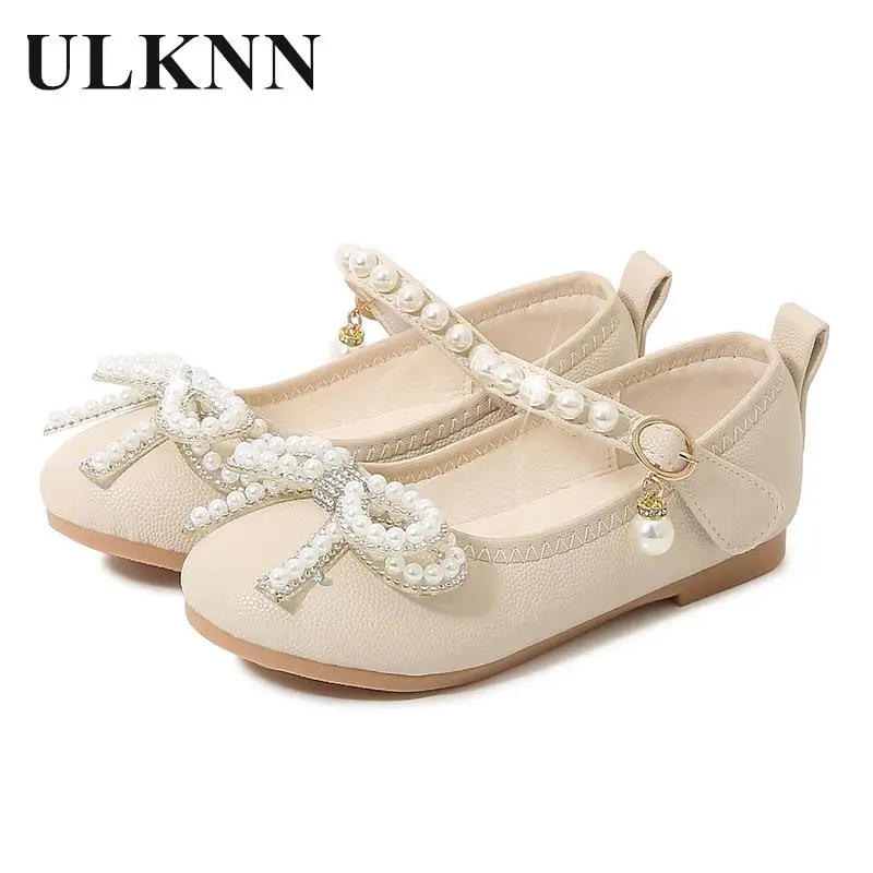 Girls Shoes Lovely Bowknot Fashion Female Children's Shoes 2023 Autumn New Pearl Pure Color Buckle Shoes Single Shoes With Pearl