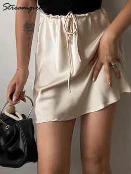 Satin Mini Skirts Women Summer Beige Silk Short Skirt For Woman Drawstring High Waist Black Satin Skirt A Line Women Short 2026