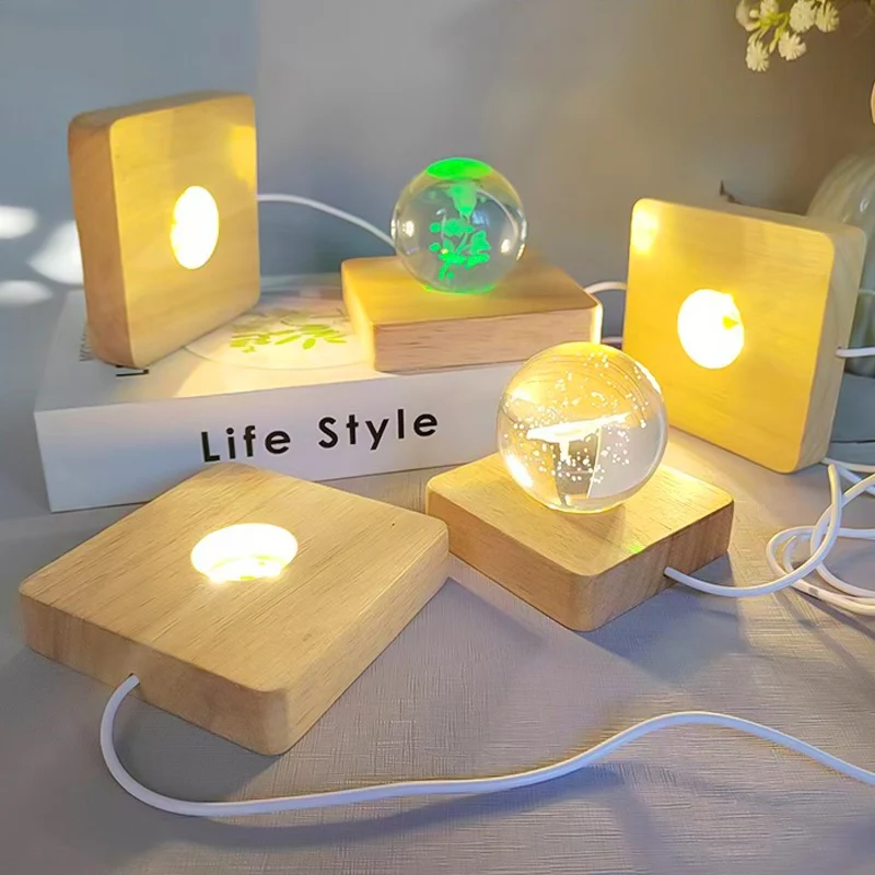Square LED Luminous Solid Wood Base DIY Crystal Ball Night Lamp Base Rubber Wood USB Plug-In With Switch Ornament 1PCS 6/8/10CM