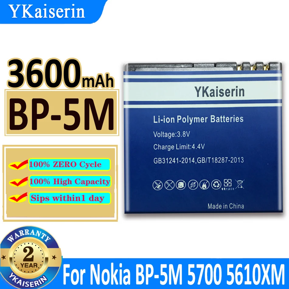 Ykaiserin Bp-5M Batteria Del Telefono Per Nokia 6220 Classic 6500 Slide 8600 Luna 6110 Navigator 5610 5700 6500 S 7390 3600Mah Batteria