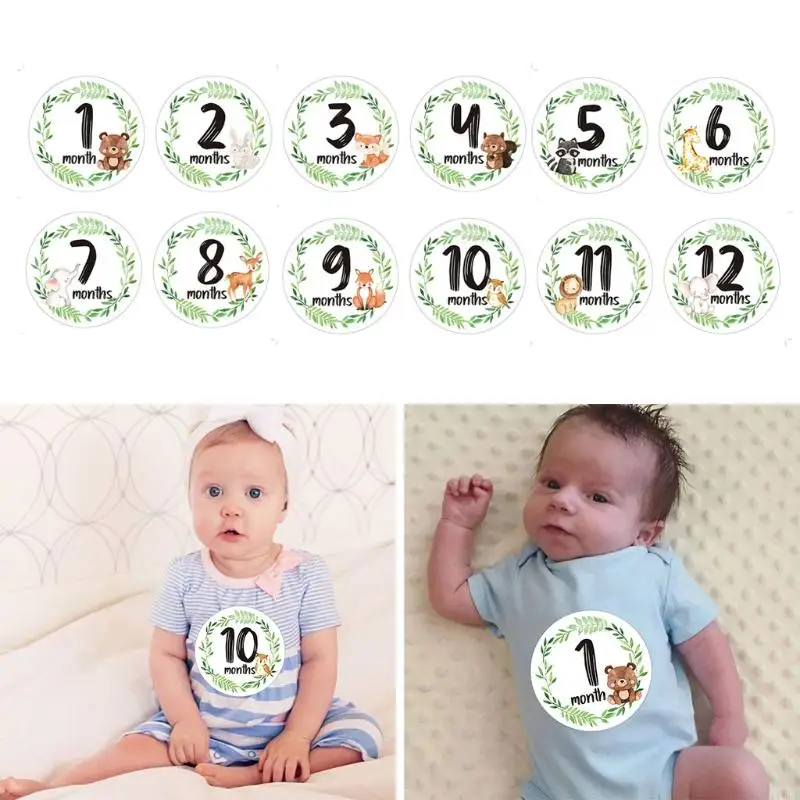 L8RB 12 Pcs/Set Newborn Milestone Stickers Memorial Month Stickers Baby Monthly Record Cartoon Animal Floral Printed