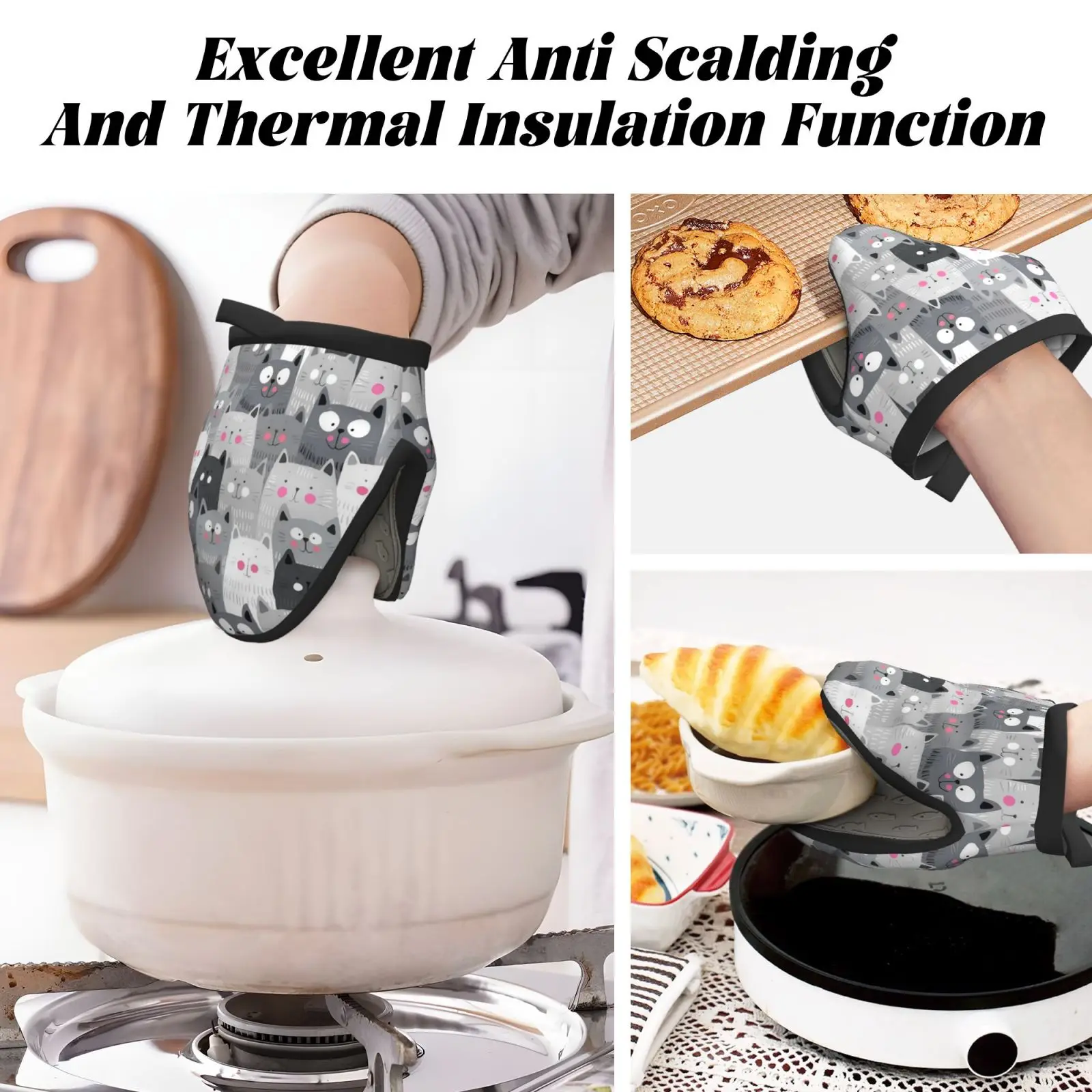 Cats Doodle Print Heat Resistant Anti-scalding Gloves Pinch Grip Mini Oven Gloves Kitchen Practical Cooking Tools