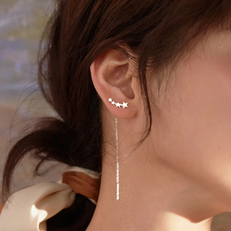 Drop Earrings Real 925 Sterling Silver Zircon Star Tassel For Fashion Women Party Jewelry