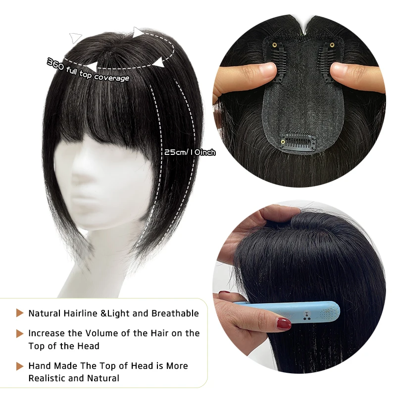Human Hair Hairnet 7X10cm French Bangs Toupee 25cm Straight Clip in Hair Extension Improve Volume Topper Pieces