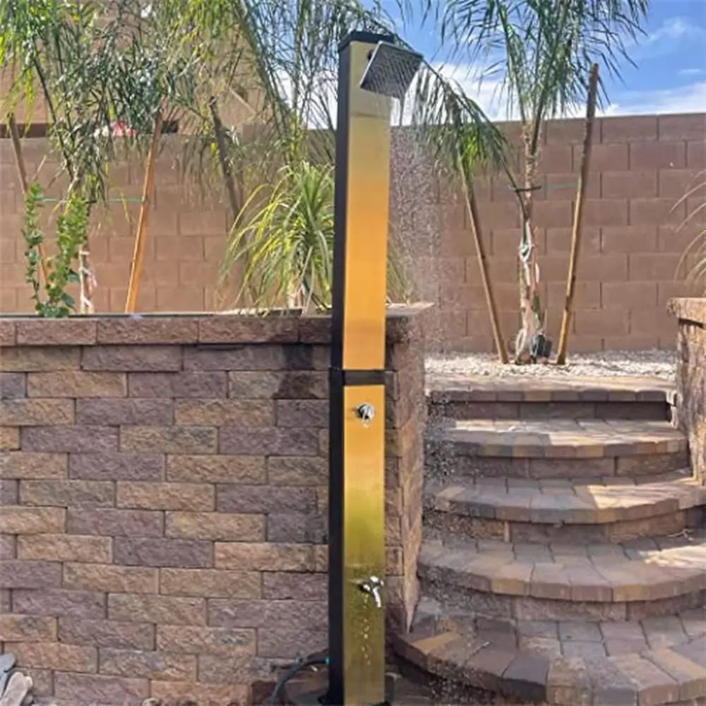 Luxury Solar Heated Outdoor Shower with Hot/Cold Adjustment 11 Gallon Capacity Brushed Gold Stainless Steel Easy Assembly