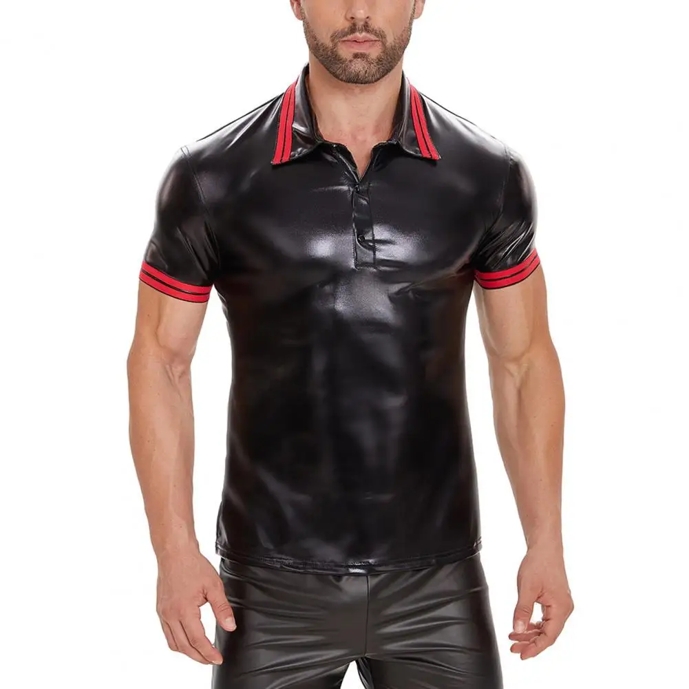 Summer Men Top Smooth Faux Leather Turn-down Collar Short Sleeves Men Shirt Solid Color Striped Mid Length Male Top For Club 6 S1436b4ba2e8c45838a027054c0f88106F