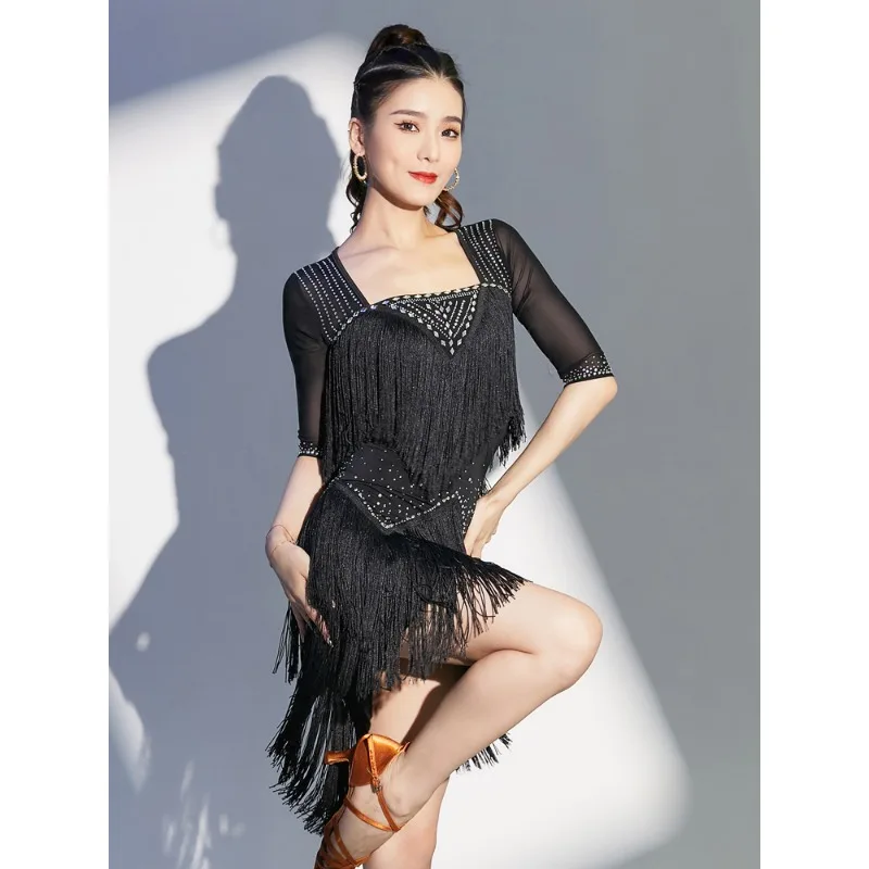 

Latin Skirt Dresses Female Rumba Cha Contest Dance Dresses Group Practice Performance Sexy Tassel Skirts