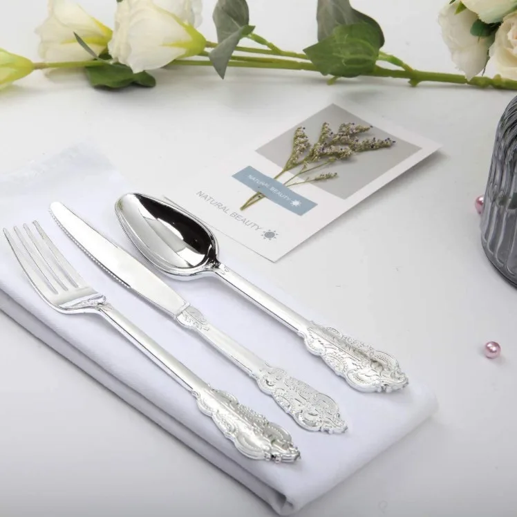 18pcs Disposable tableware electroplated silver dessert fork cake fork soup spoon Western tableware high-end