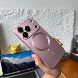 Luxury Matte MagSafe - Compatible Phone Case with Magnetic Charge and Lens Protector Cover for iPhone 15 (Pink)