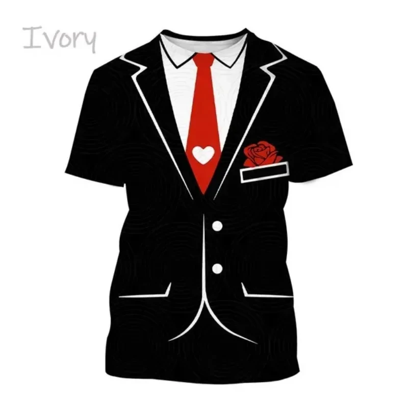 thumbnail image 1 of Ropa divertida para hombre, esmoquin con personalidad, traje de corbata retro, camisetas gráficas, traje falso de moda, camisetas casuales de manga corta para fiesta para hombre, 1 of 5