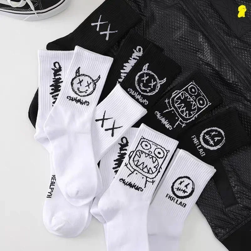 

Men Women Socks Cotton Simplicity Anime Devil Grimace Harajuku Black White Graffiti Fashion Long Funny Hip Hop Sox Unisex Medias