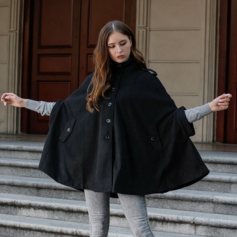 Autumn and Winter New Women's Fashion Black Coat Wool Cloak Bat Sleeve Cloak Shawl Short Warm Thick Coat Casual Button Coat