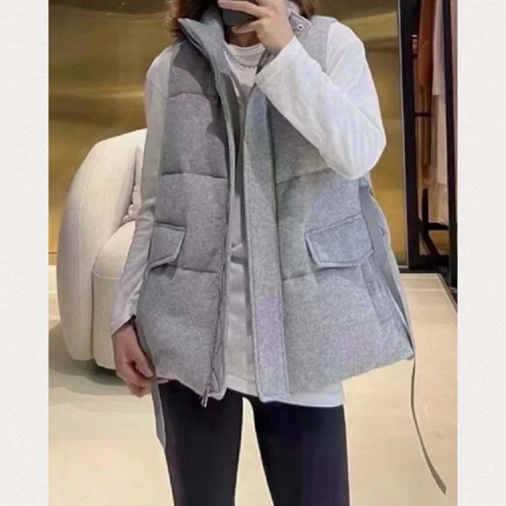 L * P 여성용 루즈 민소매 조끼, 캐시미어 칼라, 화이트 구스 다운, 따뜻한 재킷, 양가죽 벨트, 신상