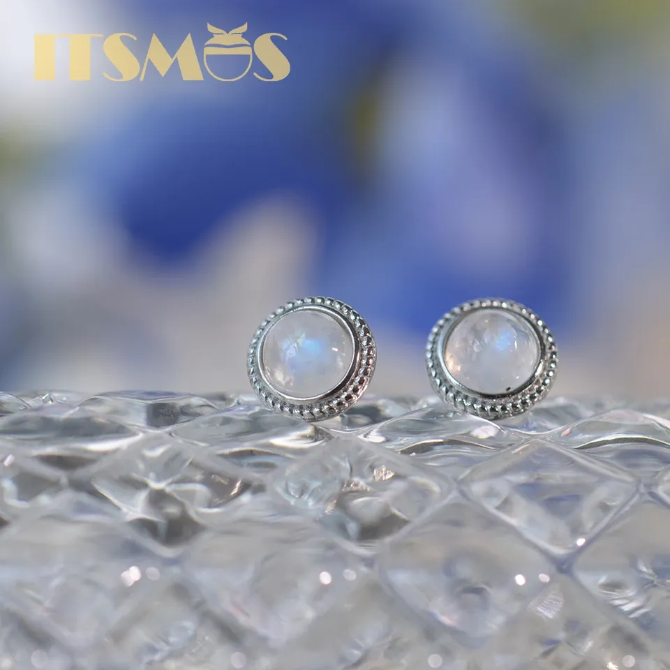 ITSMOS Natural Moonstone Earrings Round Twist Lace S925 Silver Studs Retro Elegant Romantic Style for Women Girls Gift