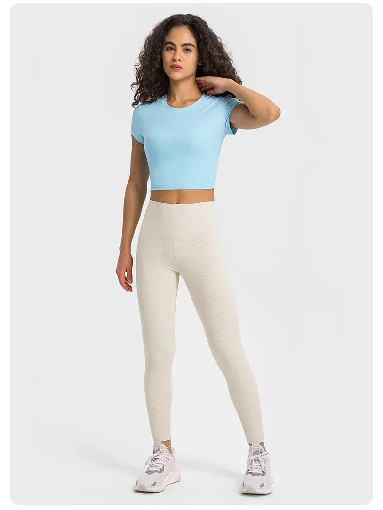 Lemon Women's Crew Neck Ribbed Crop Tops Short Sleeve Strong Stretch Yoga Shirts Summer Slim Gym Clothing for Street Girls