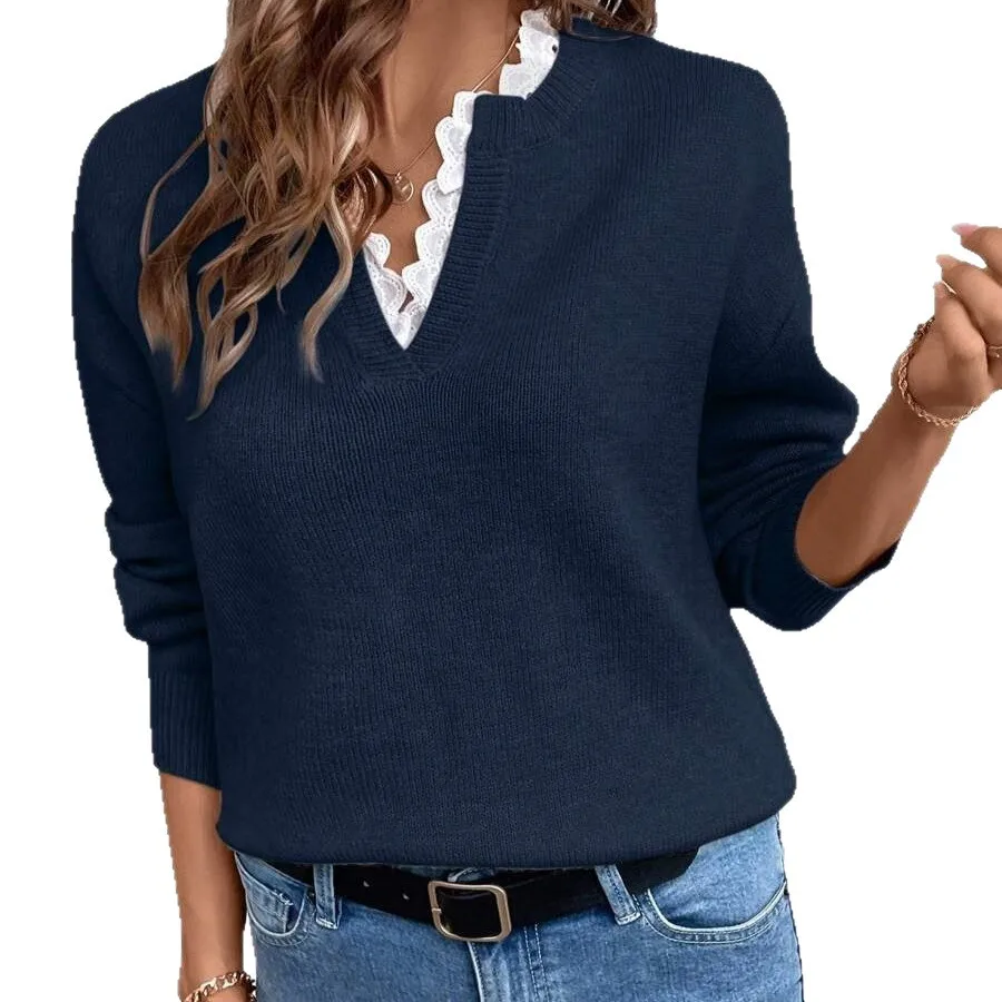 Women Autumn Lace Knitted Sweater Long Sleeve Pullover