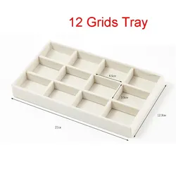 Elegant Velvet Jewelry Display Organizer Box in Beige for Rings, Earrings, and Necklaces (12 Grids Tray)
