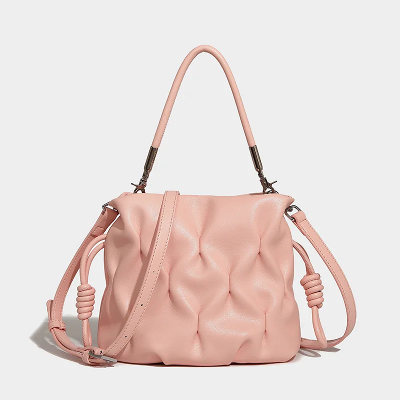 

Autumn Winter Drawstring Pleated Soft Leather Bucket Bag Women's Fashion Handbag Shoulder Underarm Bag Lady Purse Crossbody Bag