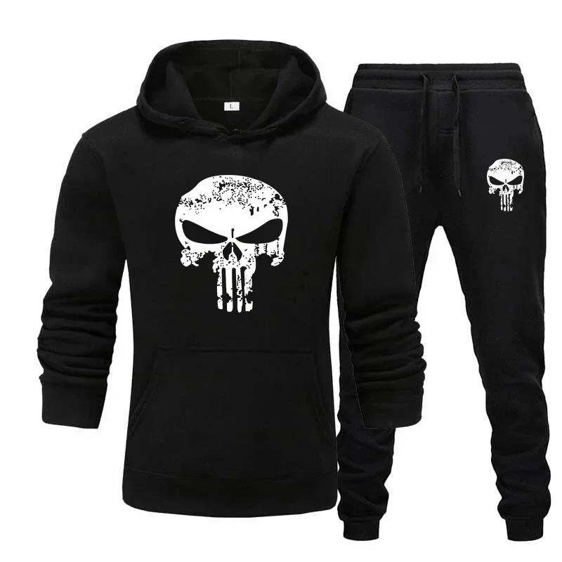 Spring and winter 2 piece sportswear hooded sweatshirt hoodie + stretch waist trousers men's sports hoodie Skull brand print