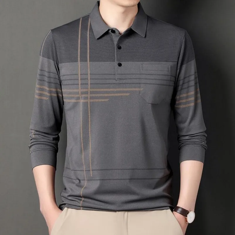 

Рубашка-поло мужская в полоску, модная уличная одежда из хлопка, повседневный свободный деловой топ с длинными рукавами и карманами, весна-осень