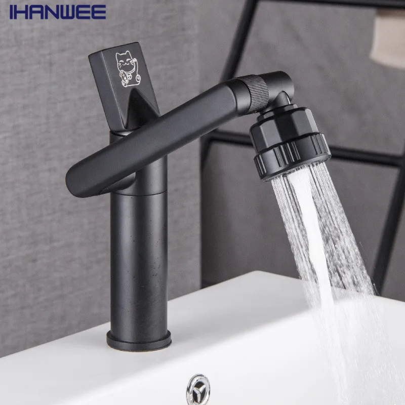 

Basin faucet Brass Sink FaucetMatte Black Bathroom Rotation Spout Deck Mounted Hot Cold Mixer Water Tap Single Handle Crane