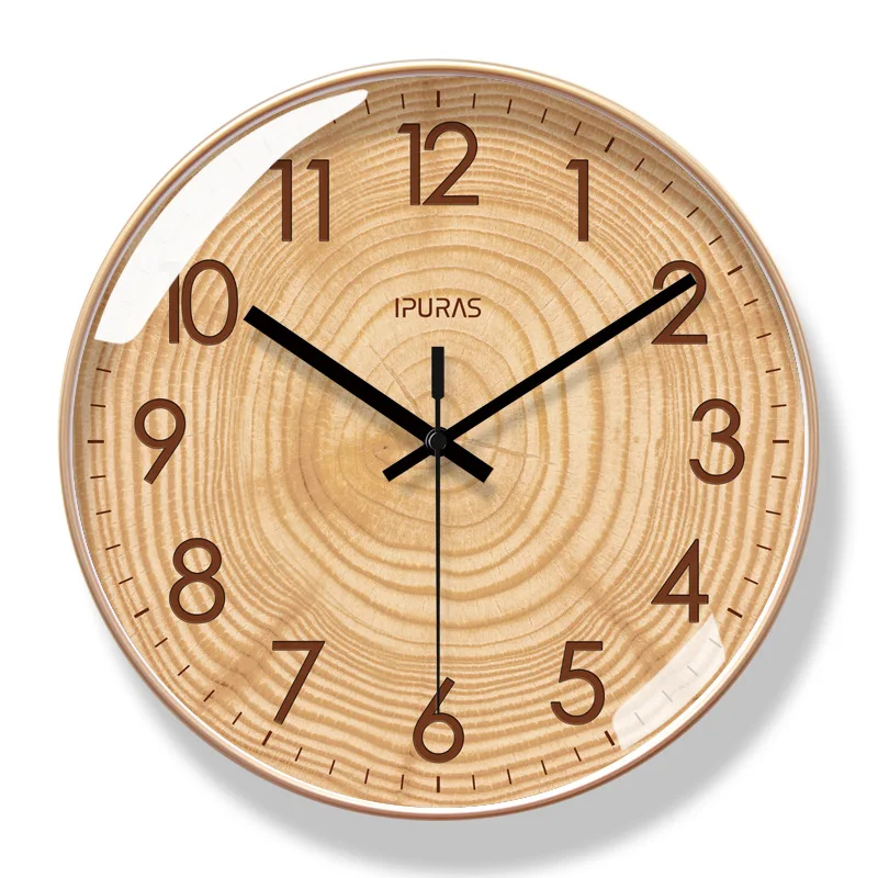 2023 New Nordic Simple Wooden Texture Wall Clocks Fashionable Art Living Room Wall Clocks Silent Sweep Second Quartz Wall Clock Gold Frame A  