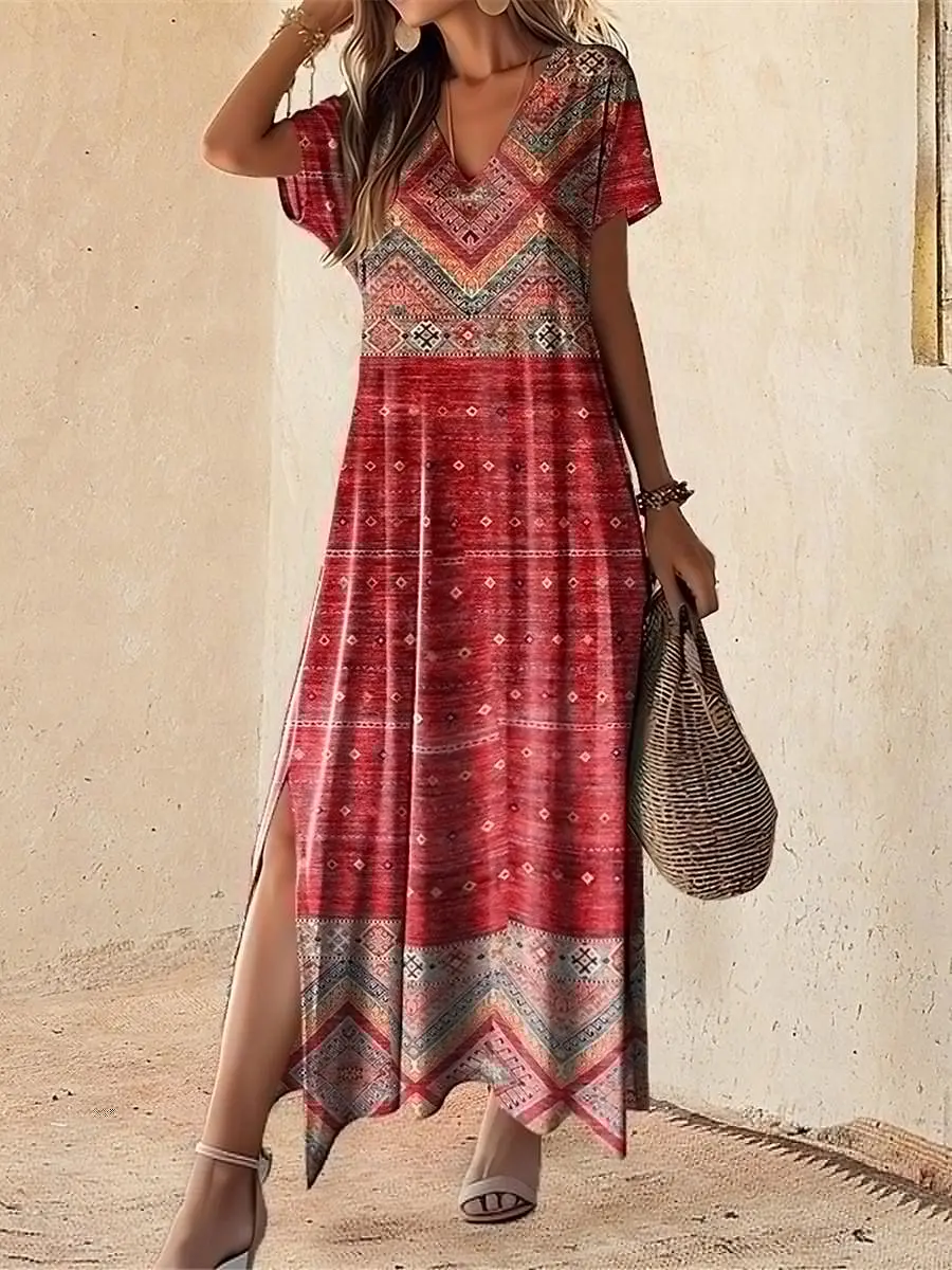 thumbnail image 1 of Vestidos para mujer, moda, cuello en V, vestido largo diario, manga corta, falda de mujer, estilo bohemio, vestidos con abertura, ropa de verano para mujer, 1 of 2