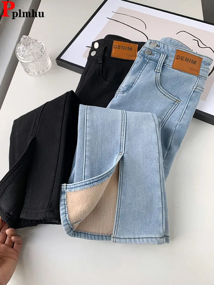 

Warm Thicken Skinny Velvet Lined Flare Jeans Classic Slim Winter High Waist Thicken Denim Pants Casual Retro Snow Wear Vaqueros
