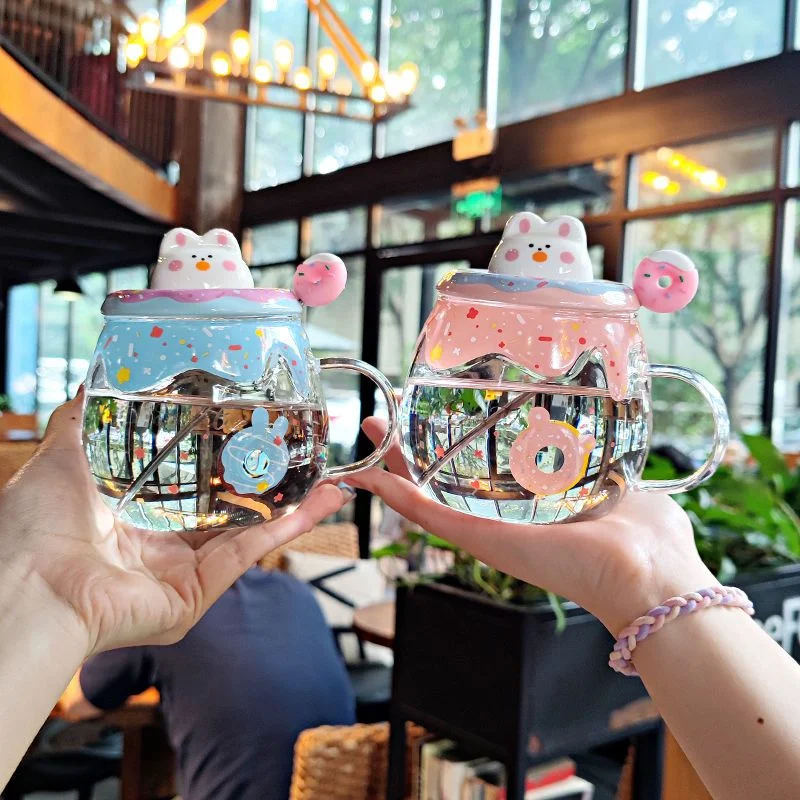 

380ML Donut Cute Heat-resistant Glass Flower Tea Cup Home Inns Wind Office Drinking Cup with Lid Spoon Juice Glass Milk Mocha