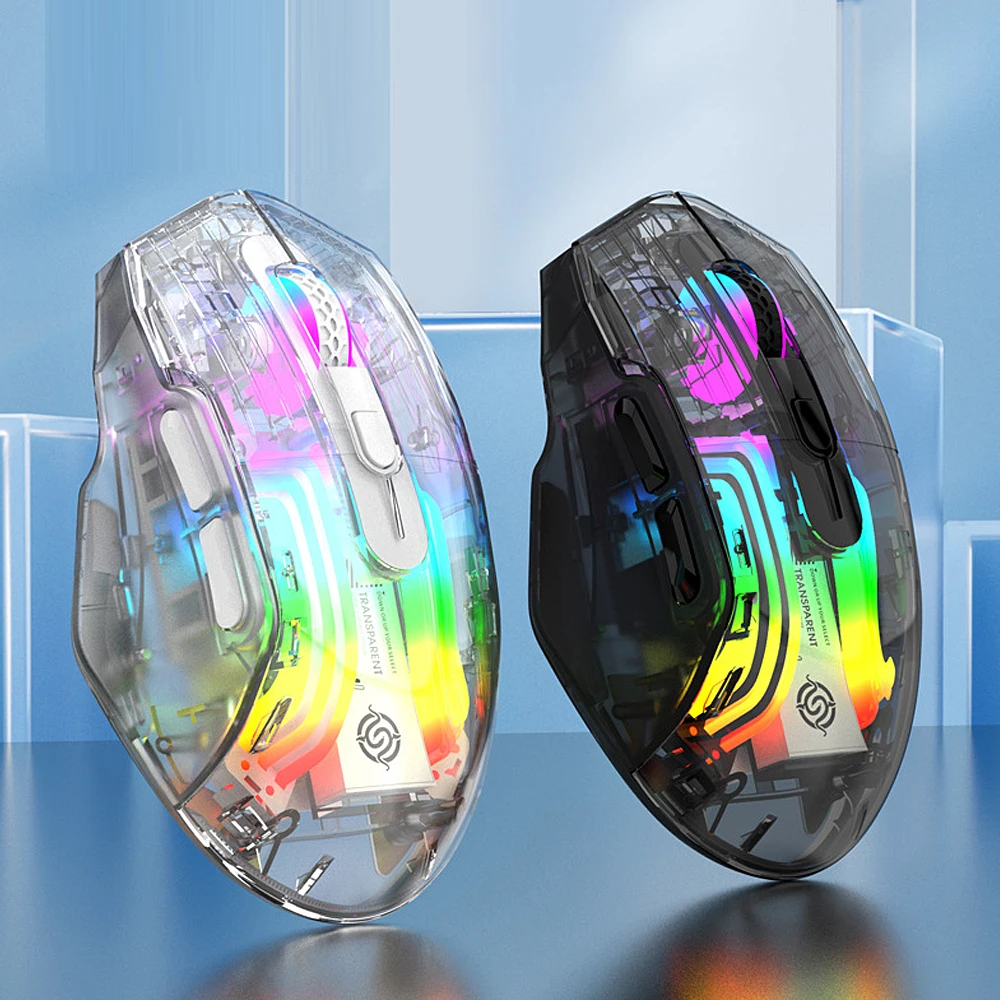 Transparent Multi-Mode Wireless Gaming Mouse with Bluetooth and USB-C Connectivity