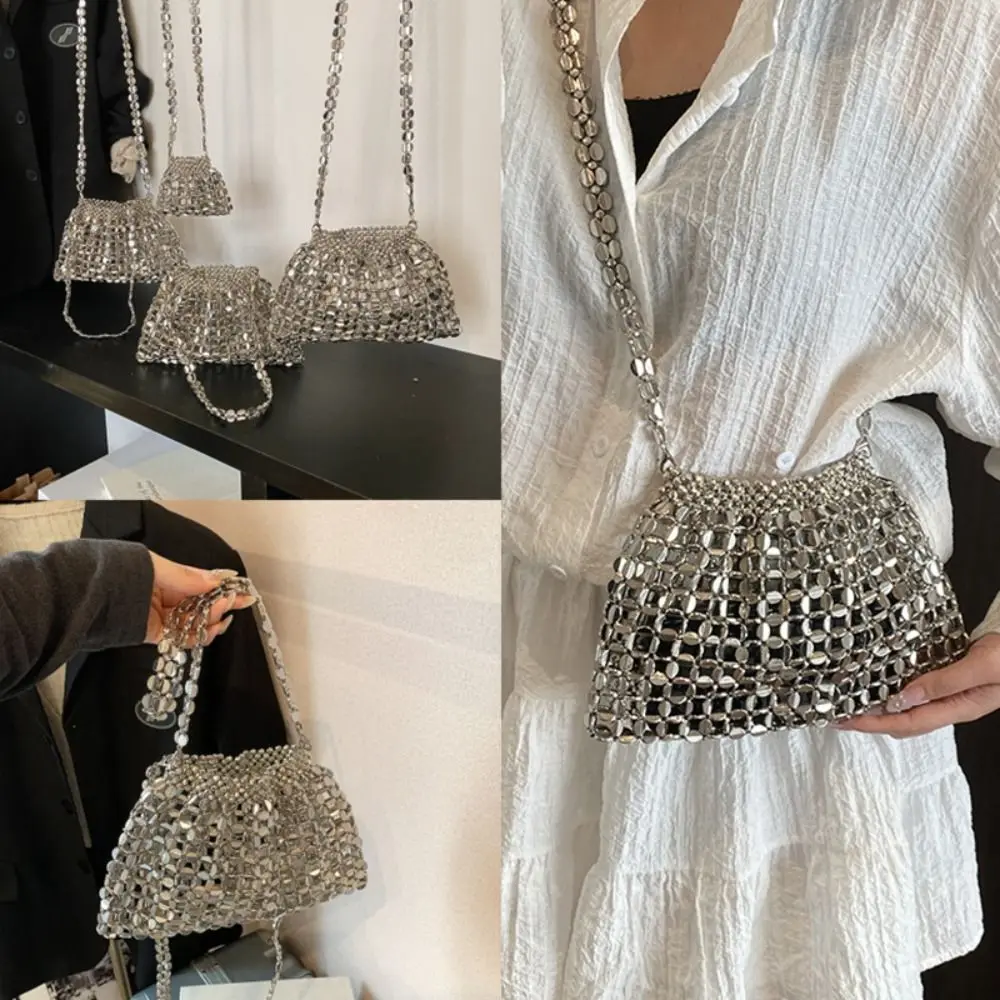 Elegante Borsa da Sera con Paillettes, Mini Borsa Sottospalla, Borsa a Tracolla Intrecciata con Perline, Borsetta Piccola Raffinata, Borsa Argento Lucida per Feste - immagine 5