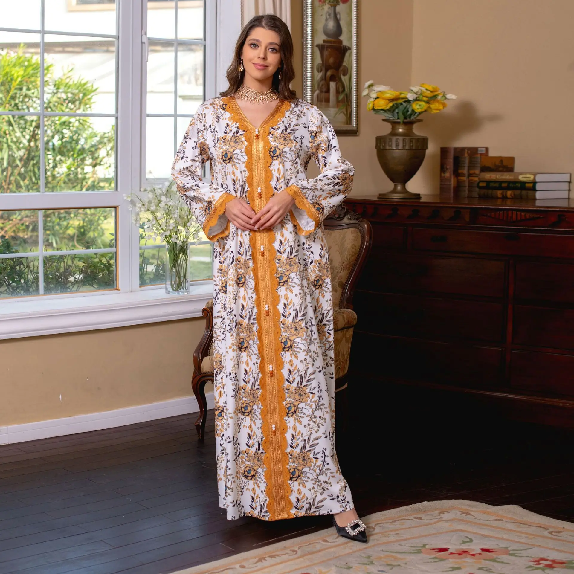 Ramadan Ethnic Printed Long Dresses Floral Embroidery Guipure Lace Panel Party Dress Islam Muslim Women Clothing 2024 Spring