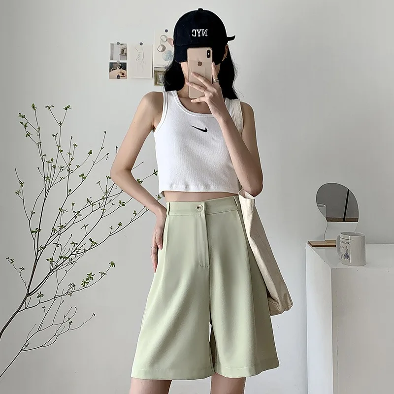 

White Black Suit Shorts Woman High Waist Wide Leg Shorts Women Casual Half Trousers Loose Knee Length Pants Femme Korean Style