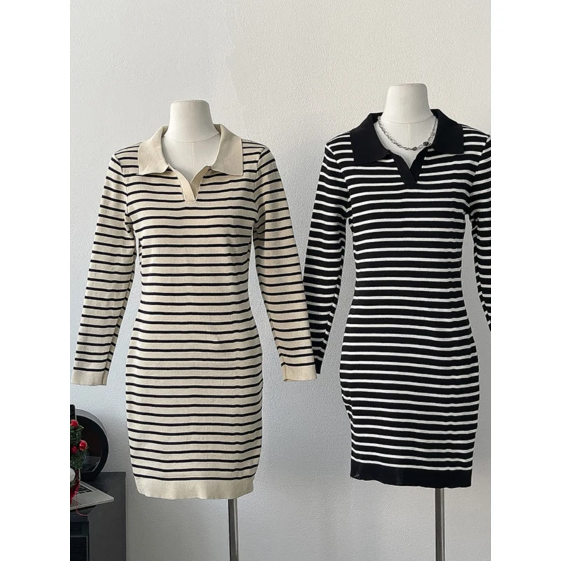 

Женское трикотажное платье в полоску, контрастные вязаные мини-платья контрастных цветов в Корейском стиле с открытым воротником и длинным рукавом