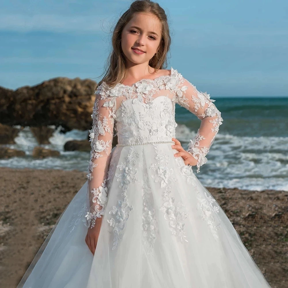 

New Arrivals White 3D Flower Girls Long Sleeves Ball Gowns with Pearls Sash Holy First Communion Princess Girl Dresses