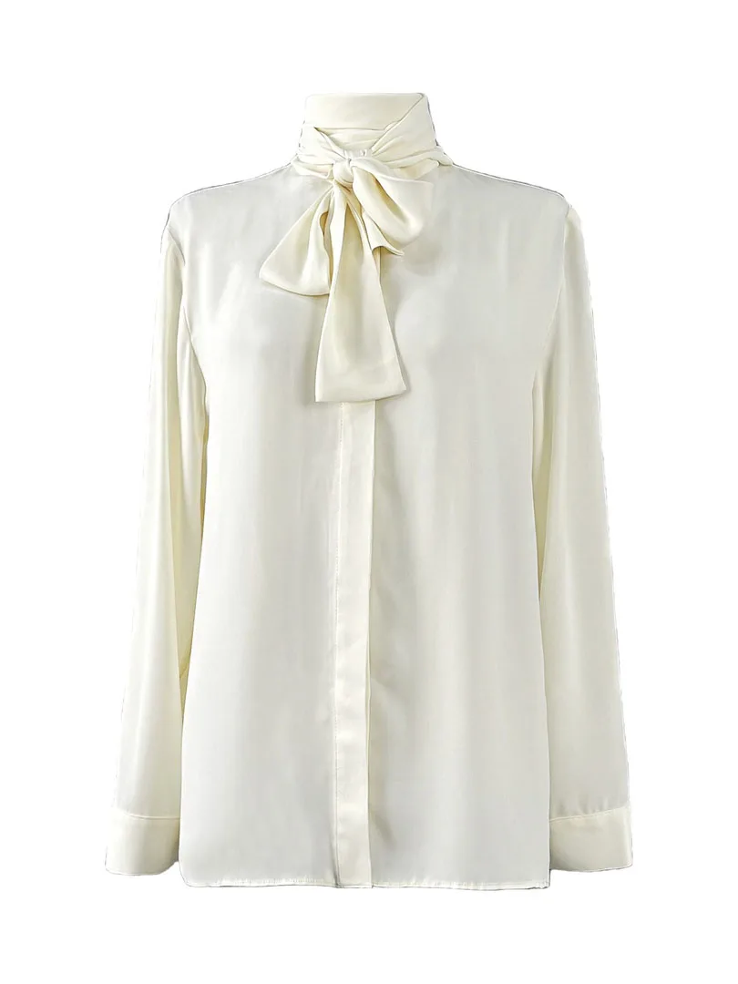 

Silk bow tie flutter shirt loose fit casual fashion 2024 summer new 1016