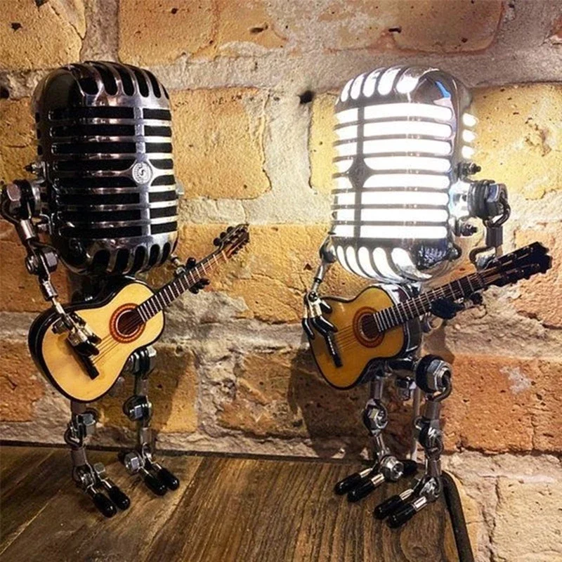 Vendita Calda Vintage Microfono Lampada Robot Gioca Chitarra Scrivania Lampada A Led Luce Miniature Vintage Artigianato Illuminazione Ufficio Decorazi