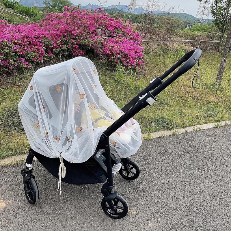

Universal Baby Stroller Cover Breathable Mesh Mosquitoes Net Cartoon Embroidery Bear Sunshade Windshield Sunscreen Curtain