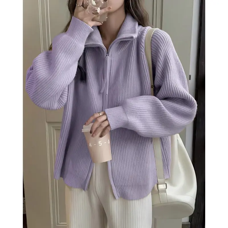 

2023 Spring Autumn Women's New Solid Color Knitted Coats Female Lapel Cardigan Overcoats Ladies Zipper Sweater Jackets T501