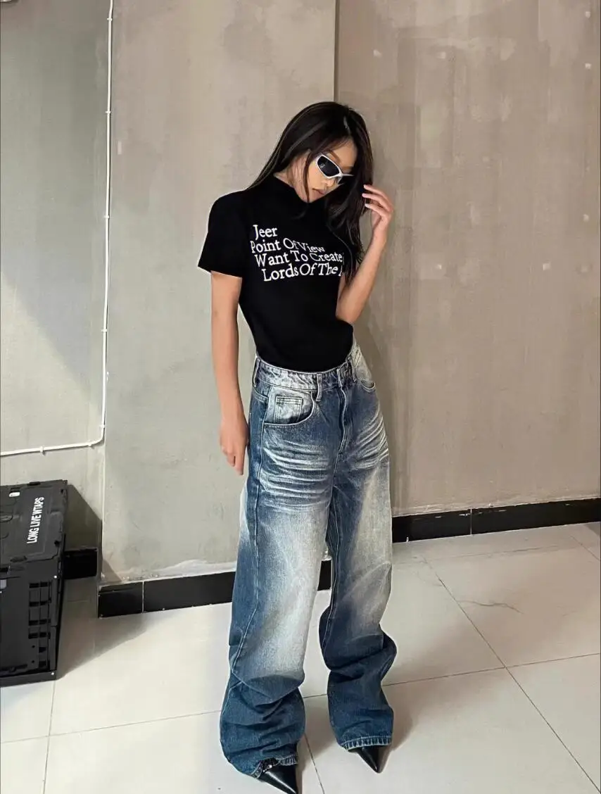 

Y2K Women's vintage high street pleated wash straight leg loose mop jeans premium niche jeans pantalones de mujer