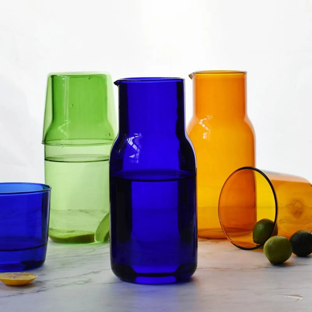 Bedside Water Carafe with Tumbler Glass Set for Bedroom Nightstand Glass Mouthwash Bottle Juice Water Pitcher for Kitchen Bath