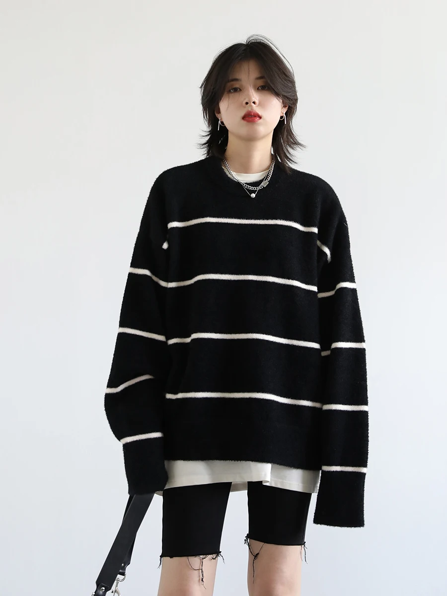 CHIC VEN 여성용 스웨터, 한국 캐주얼 소프트 스트라이프 니트 점퍼, O넥 풀오버, 여성 코트, 봄 가을