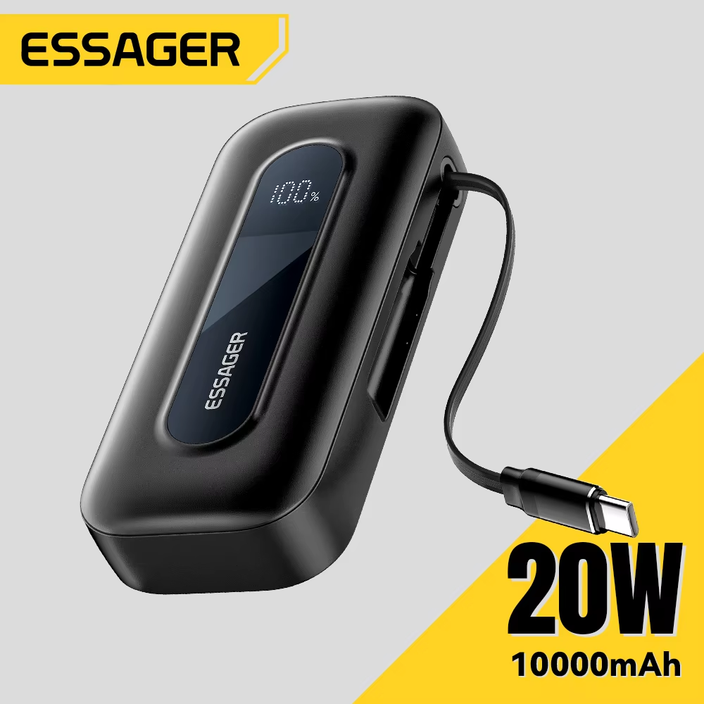 Essager 20W Power Bank 10000mAh with Built-in Retractable Type-C Cable PD Fast Charging for iPhone 16 15Pro iPad Digital Display