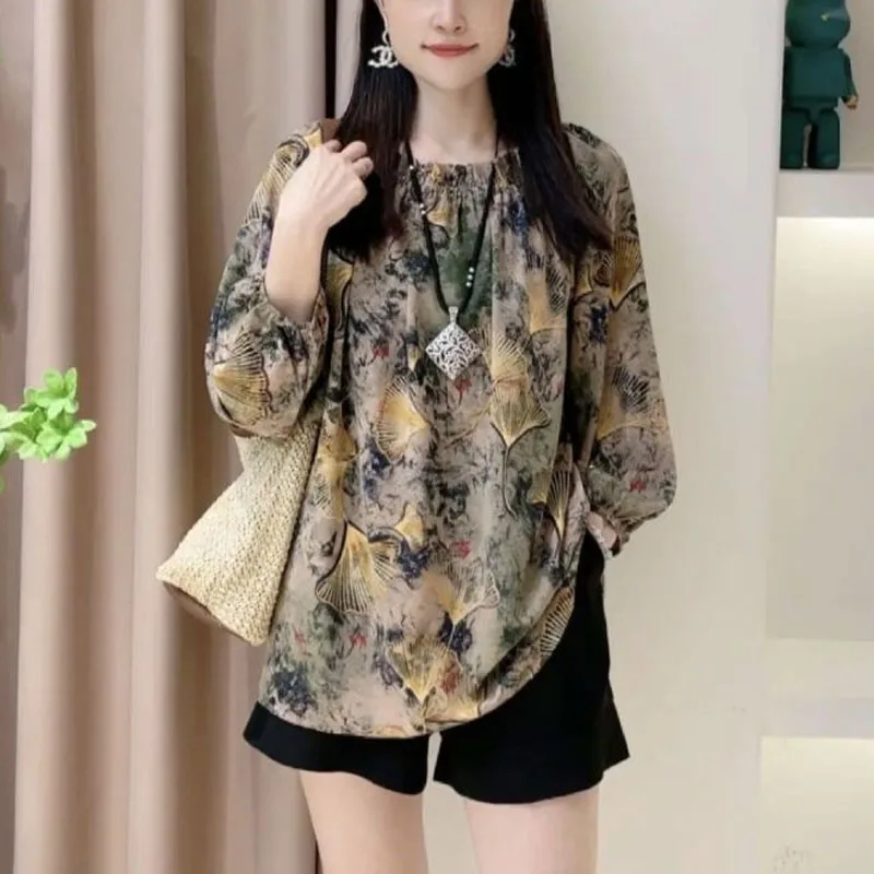Minimalist Commuter 2024 Spring Autumn New Women's Pullovers Slash Neck Printed Vintage Elegant Loose Long Sleeve Chiffon Tops