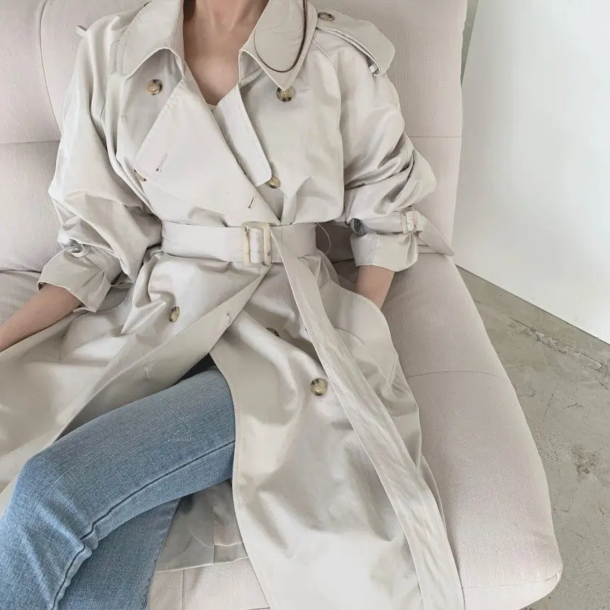 Women Long Trench Coat New Spring Autumn Casual Lapel Double Breasted with Belt Loose Coat Office Lady Korean Fashion Outerwear