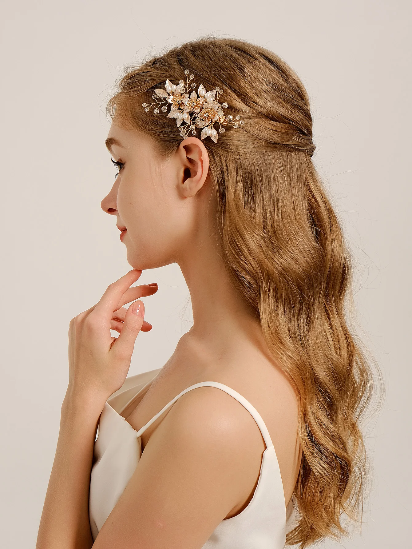 Handgemachte Perle Blume Haars pangen für Frauen Haarnadeln Braut Hochzeit Haarschmuck Kristall Gold Farbe Braut Kopf bedeckung Geschenk – Detail 10