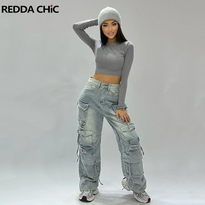 

REDDACHiC Cargo Pockets Ripped Baggy Jeans Women Torn Boyfriend Skater Oversize Pants Casual Wide Leg Trousers Y2k Streetwear