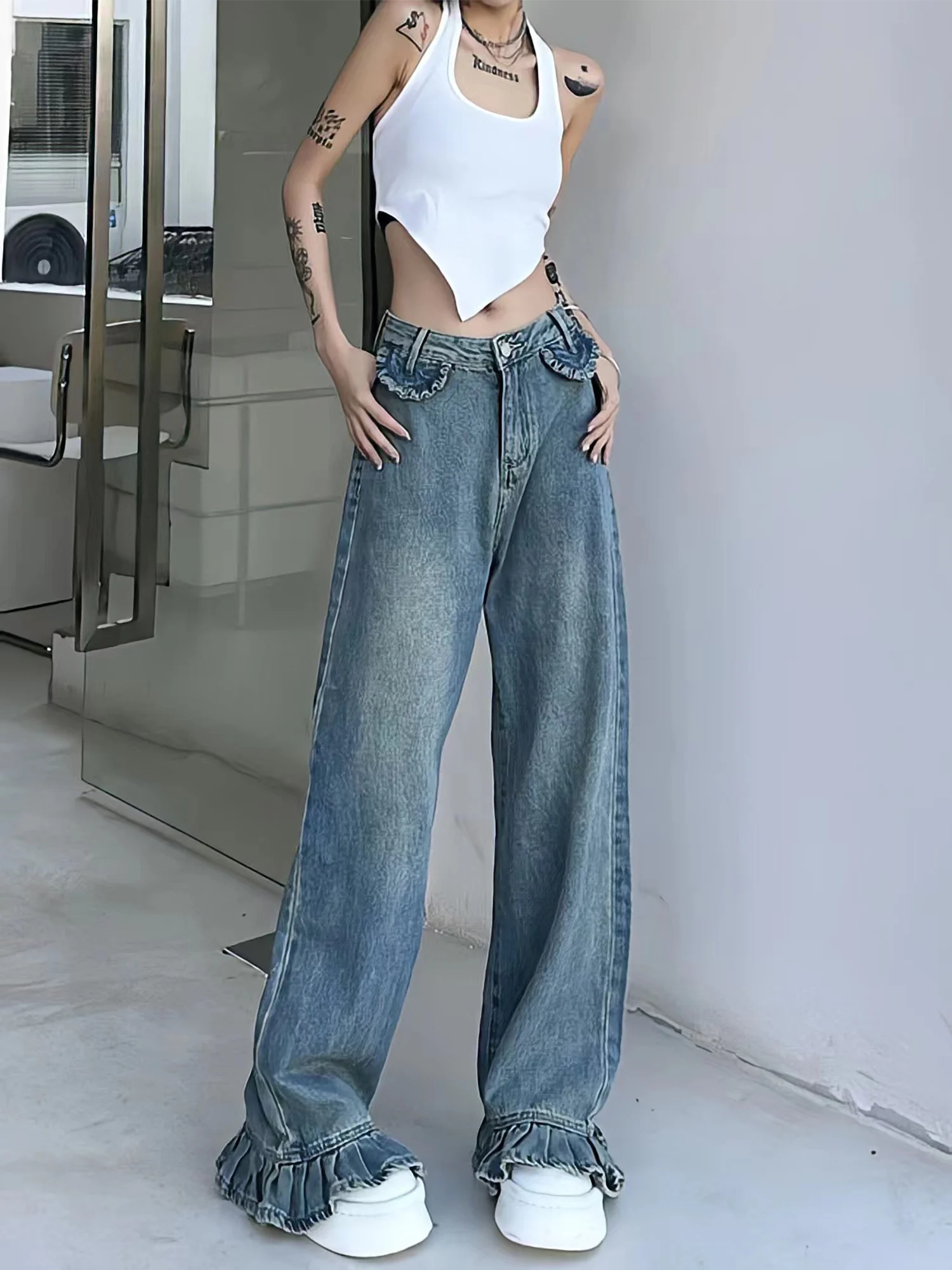 Chic Ruffles Design Vintage Flare Jeans Women Baggy Washed Harajuku Streetwear High Waist Straight Trousers Y2k Denim Trousers