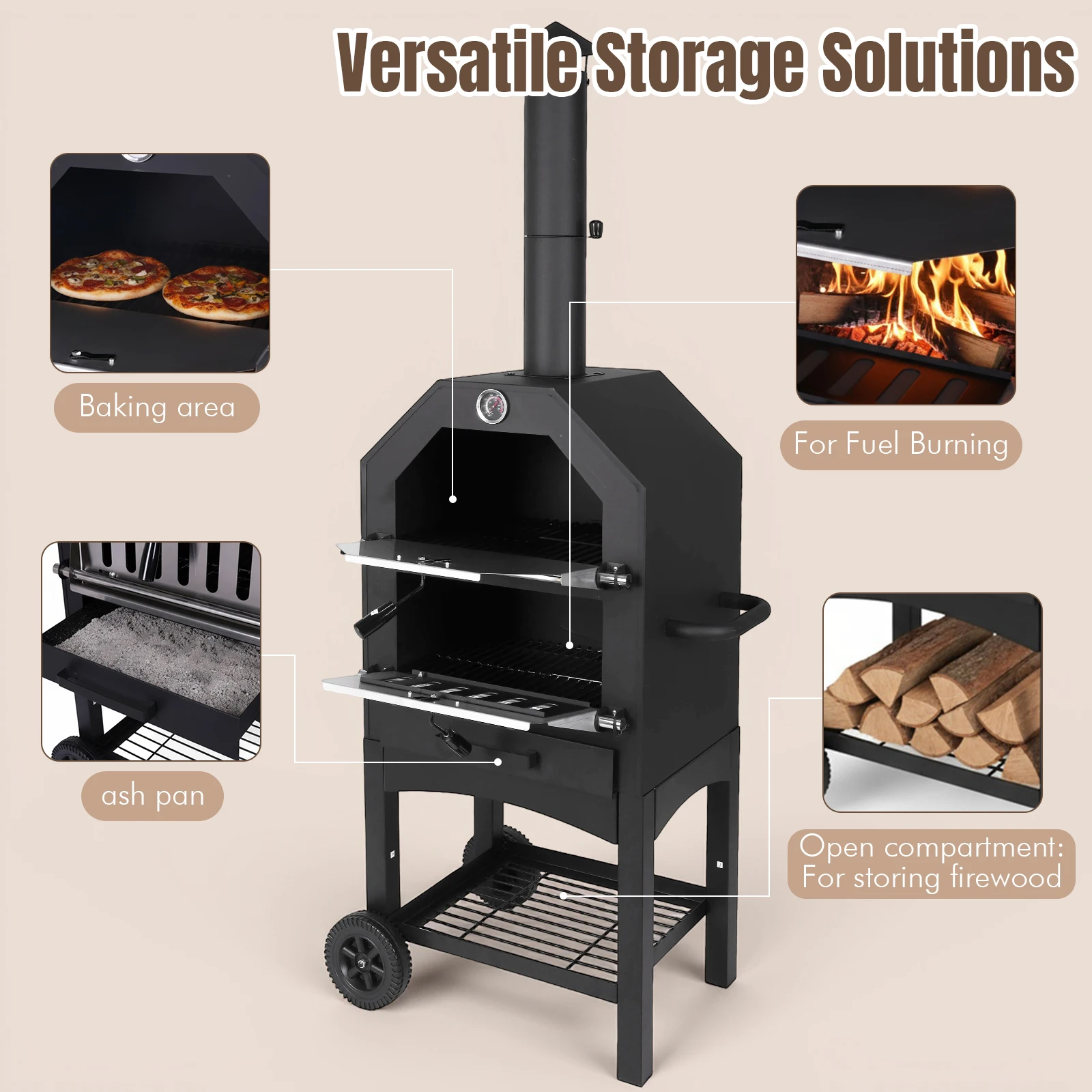 2-Tier Outdoor Garden Pizza Oven with Firewood Storage Large Wood Pellet Fired Pizza Oven for Backyard Camping Tailgating