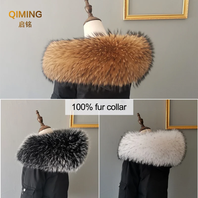 Real Fur Collar Parkas Coats Luxury Warm Natural Furry Raccoon Fur Scarf Women Fluffy Fur Collar Scarves Male Jackets Fur Shawl